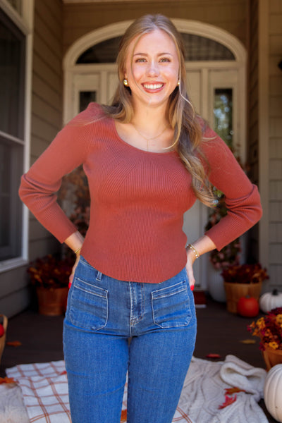 Women's Ribbed Long Sleeve- Women's Rust Basic Top- Be Cool Basic Ribbed Top