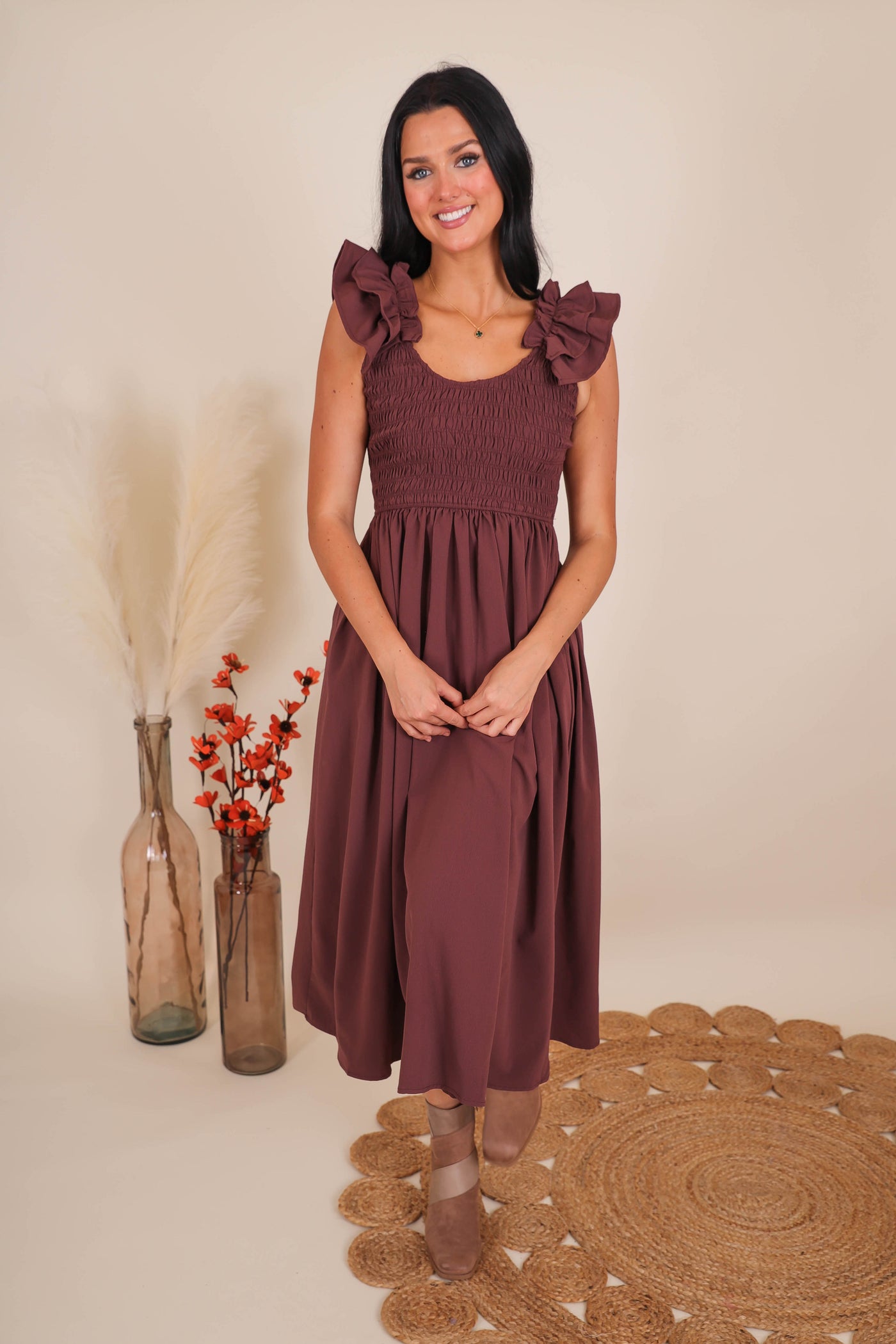 Ruffle Shoulder Smocked Dress- Women's Conservative Dresses- Entro Midi Dresses