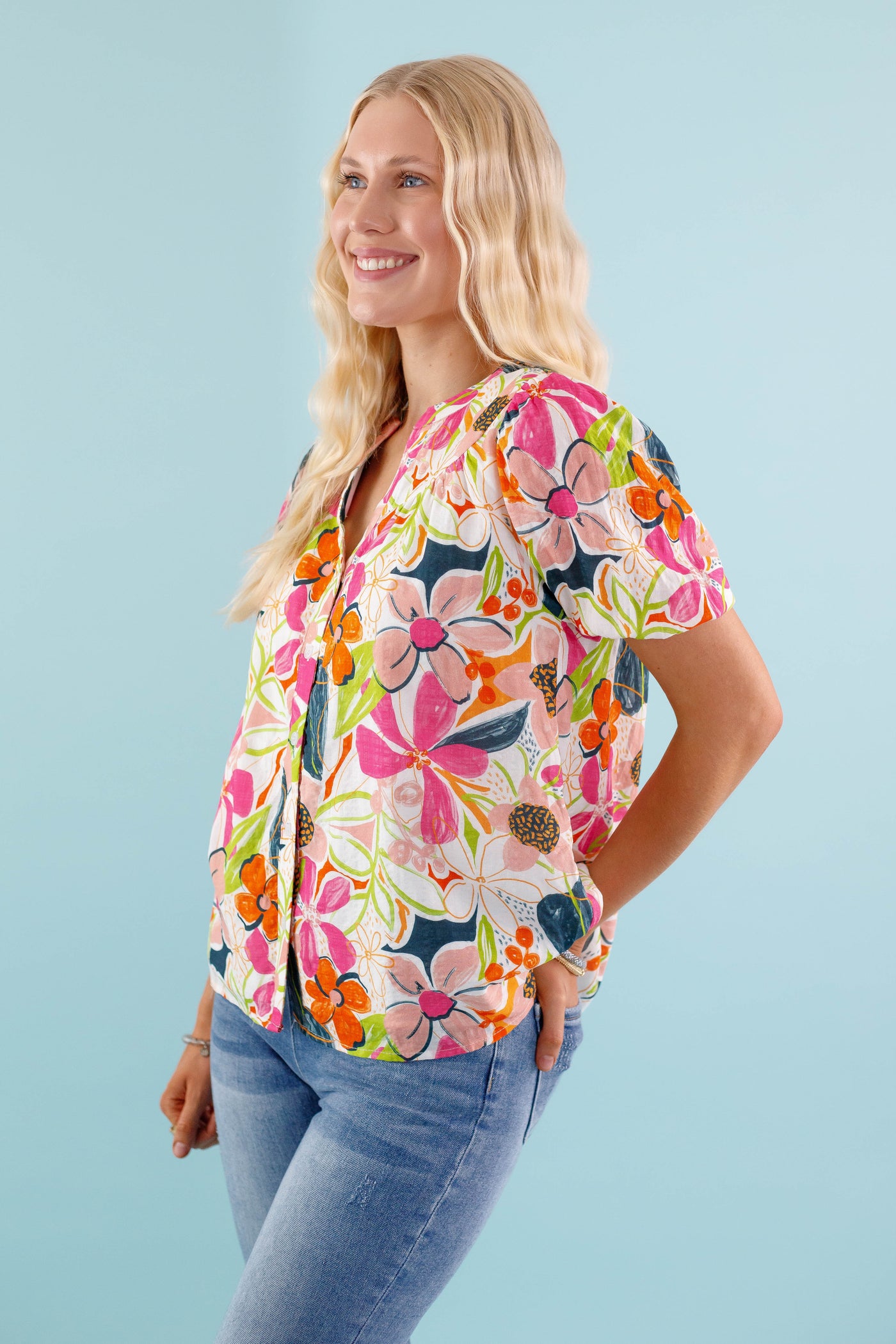 Women's Floral Button Down Blouse - Preppy Tropical Blouse- Floral Top by Fate