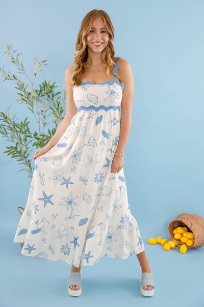 Women's Preppy Seashell Dress- Rick Rack Dress with Beach Print- White and Blue Printed Dress