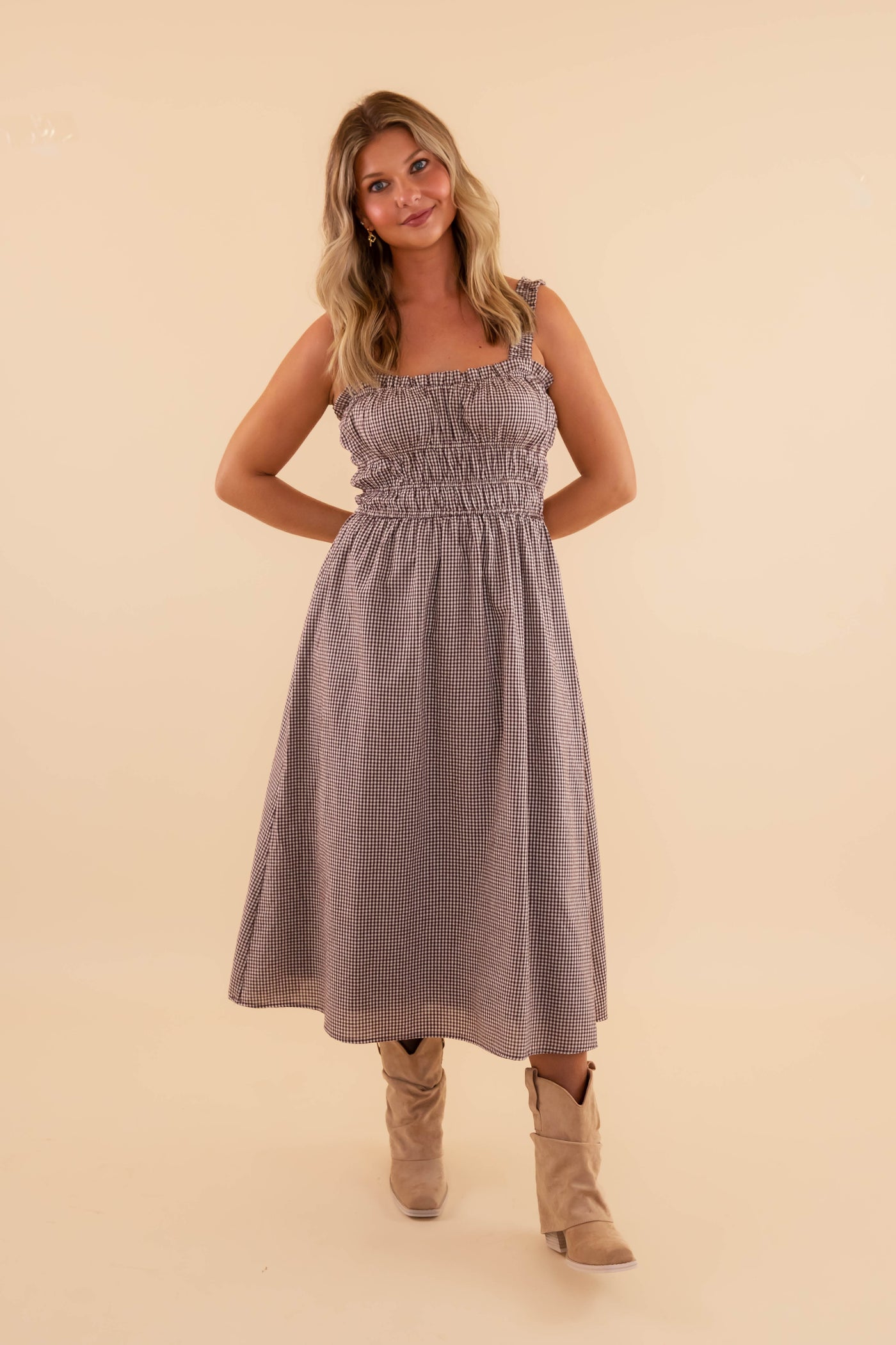 Women's Brown Gingham Midi Dress- Classic Gingham Dress- Needi Brown Gingham Dress Medium