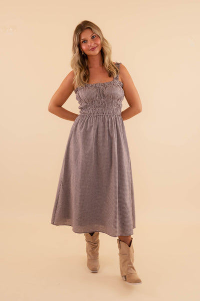 Women's Brown Gingham Midi Dress- Classic Gingham Dress- Needi Brown Gingham Dress