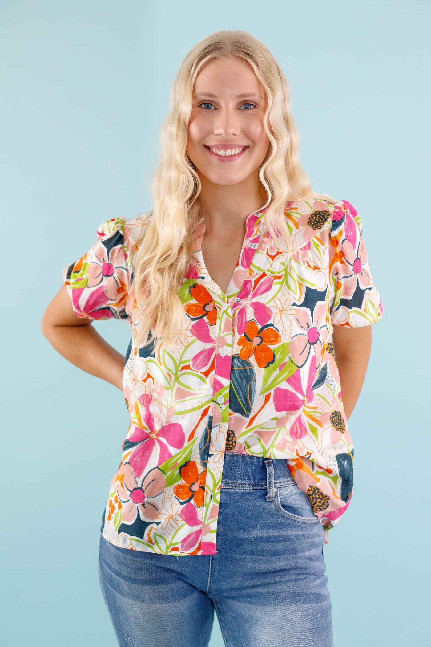 Women's Floral Button Down Blouse - Preppy Tropical Blouse- Floral Top by Fate