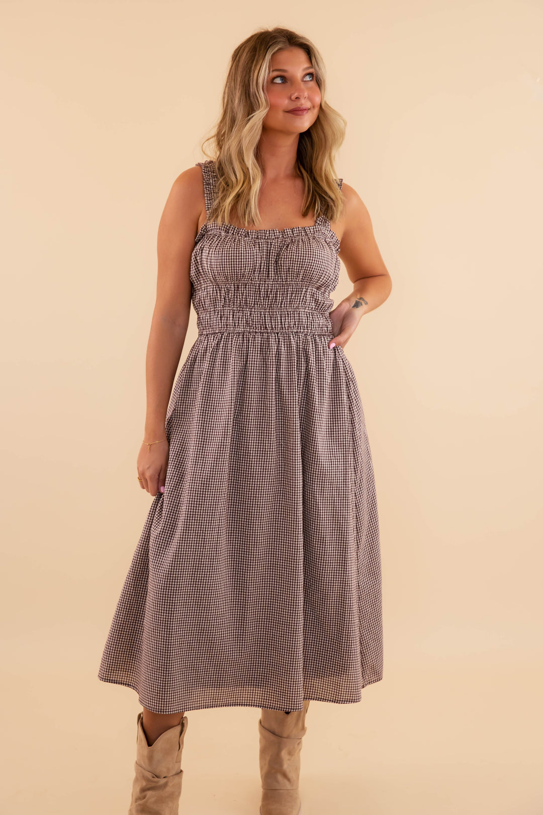 Women's Brown Gingham Midi Dress- Classic Gingham Dress- Needi Brown Gingham Dress Medium