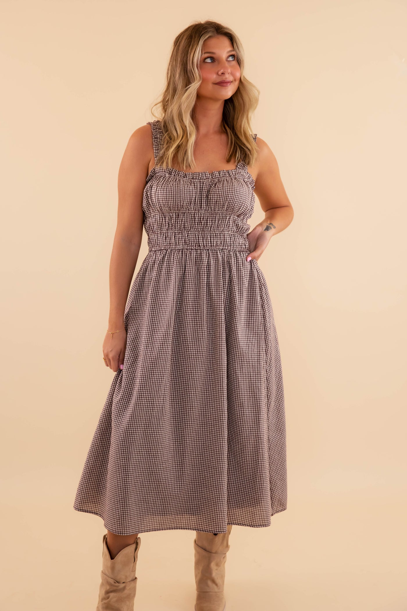 Women's Brown Gingham Midi Dress- Classic Gingham Dress- Needi Brown Gingham Dress Medium