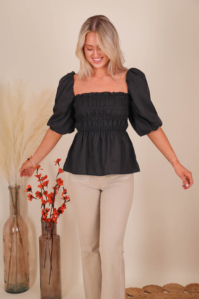 Poplin Sleeve Blouse- Cute Going Out Tops- Women's Smocked Top