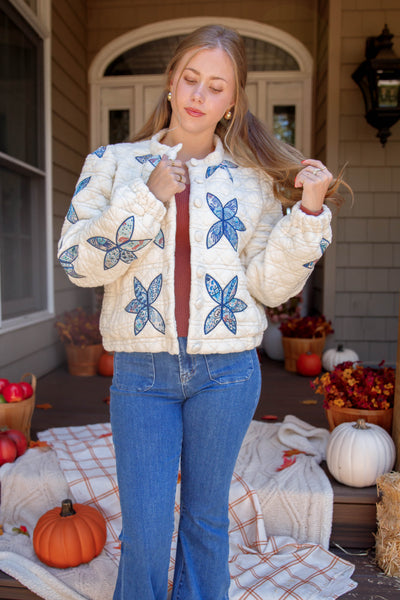 Flower Stitch Quilted Jacket- Women's Patchwork Quilted Jacket- Flower Patch Jacket