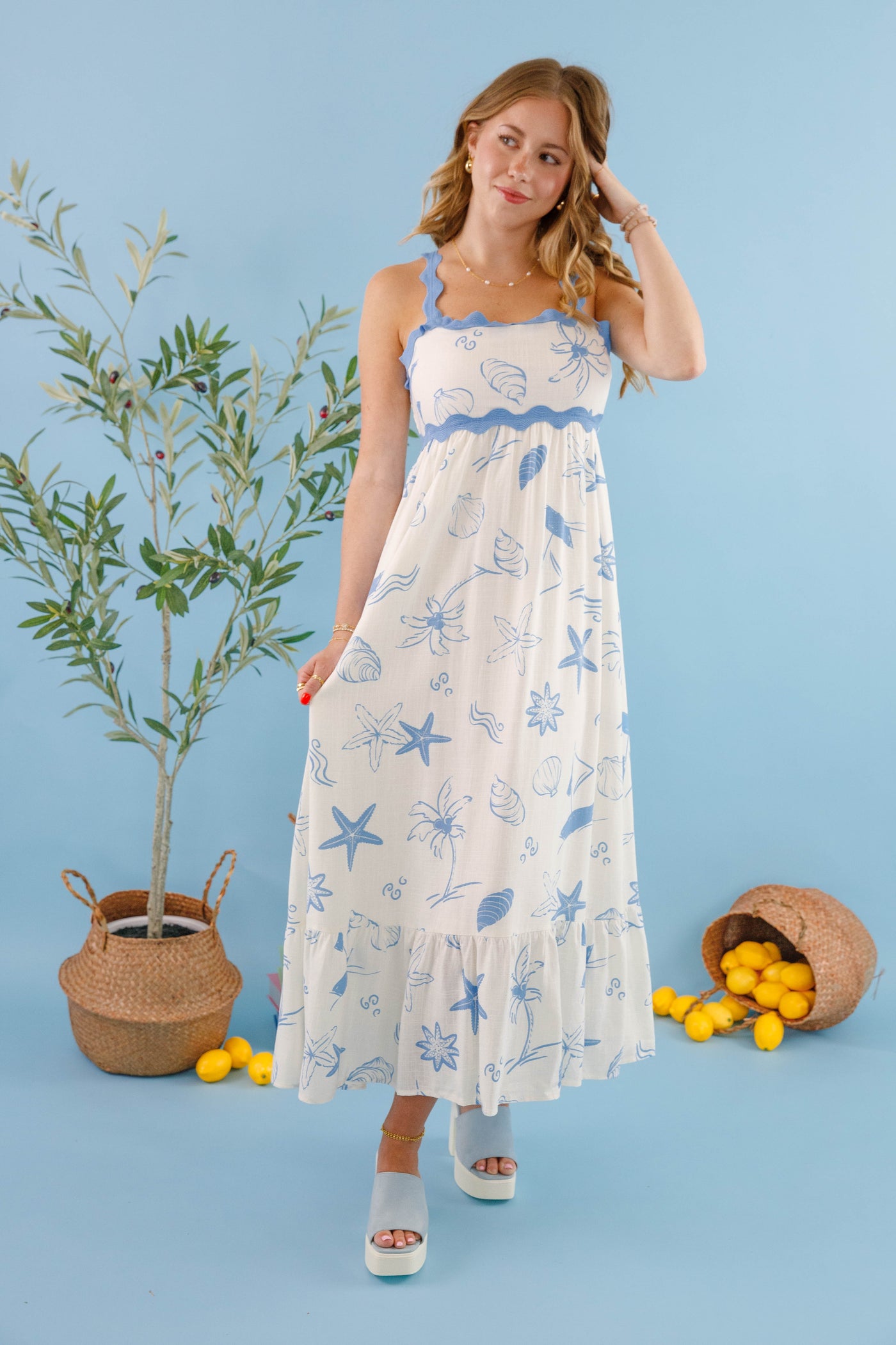 Women's Preppy Seashell Dress- Rick Rack Dress with Beach Print- White and Blue Printed Dress