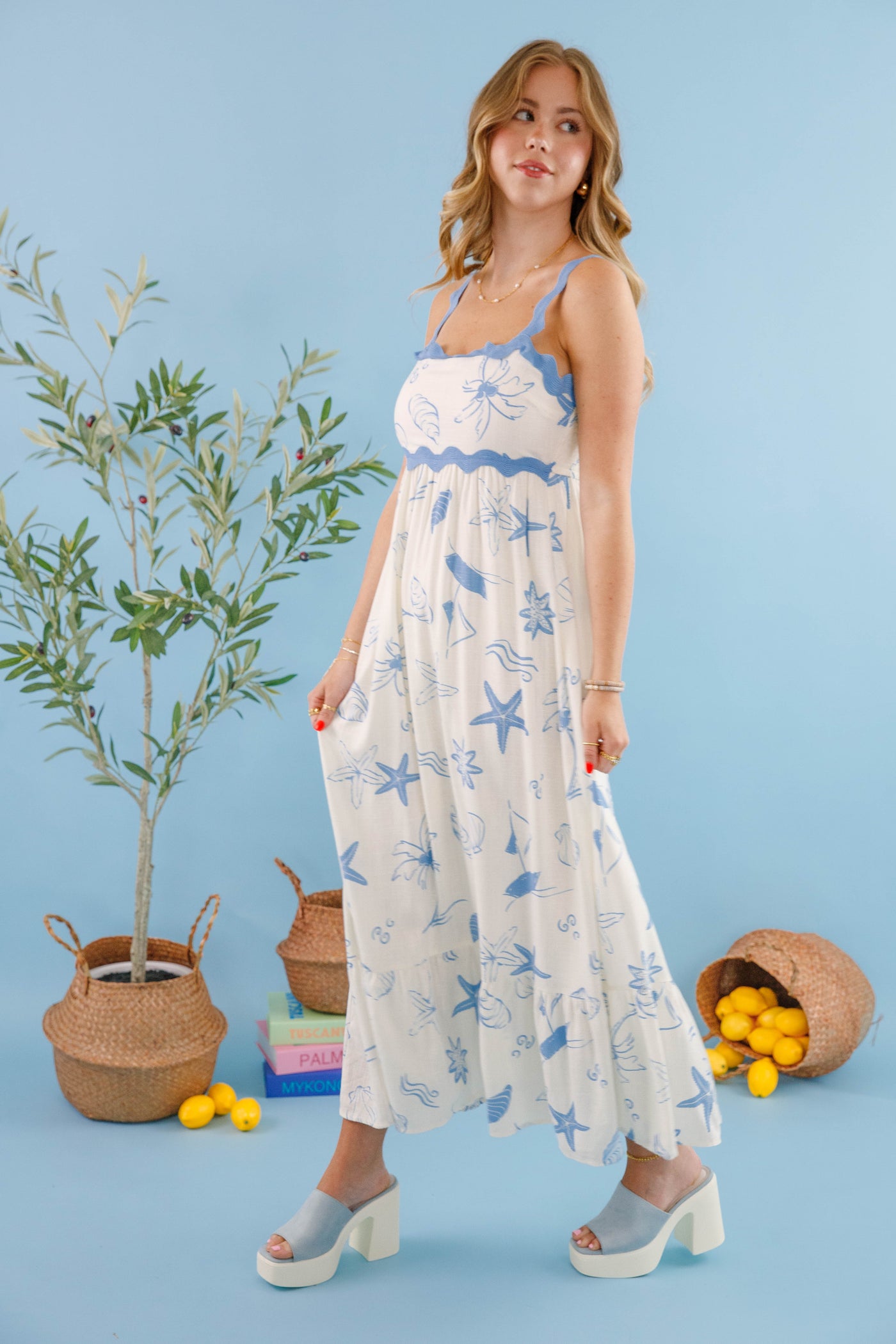 Women's Preppy Seashell Dress- Rick Rack Dress with Beach Print- White and Blue Printed Dress