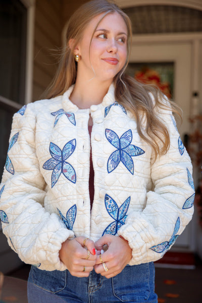 Flower Stitch Quilted Jacket- Women's Patchwork Quilted Jacket- Flower Patch Jacket
