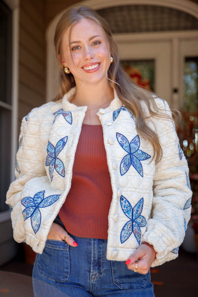 Flower Stitch Quilted Jacket- Women's Patchwork Quilted Jacket- Flower Patch Jacket