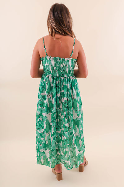 Green Leaf Midi Dress with Smocked Chest - Casual Midi Dress with Leaf Print Design