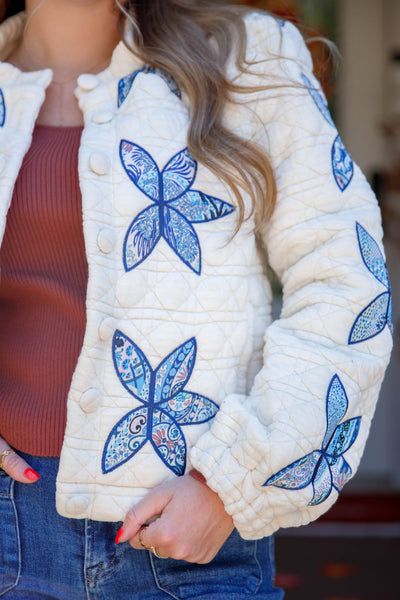 Flower Stitch Quilted Jacket- Women's Patchwork Quilted Jacket- Flower Patch Jacket