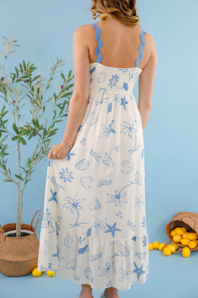 Women's Preppy Seashell Dress- Rick Rack Dress with Beach Print- White and Blue Printed Dress