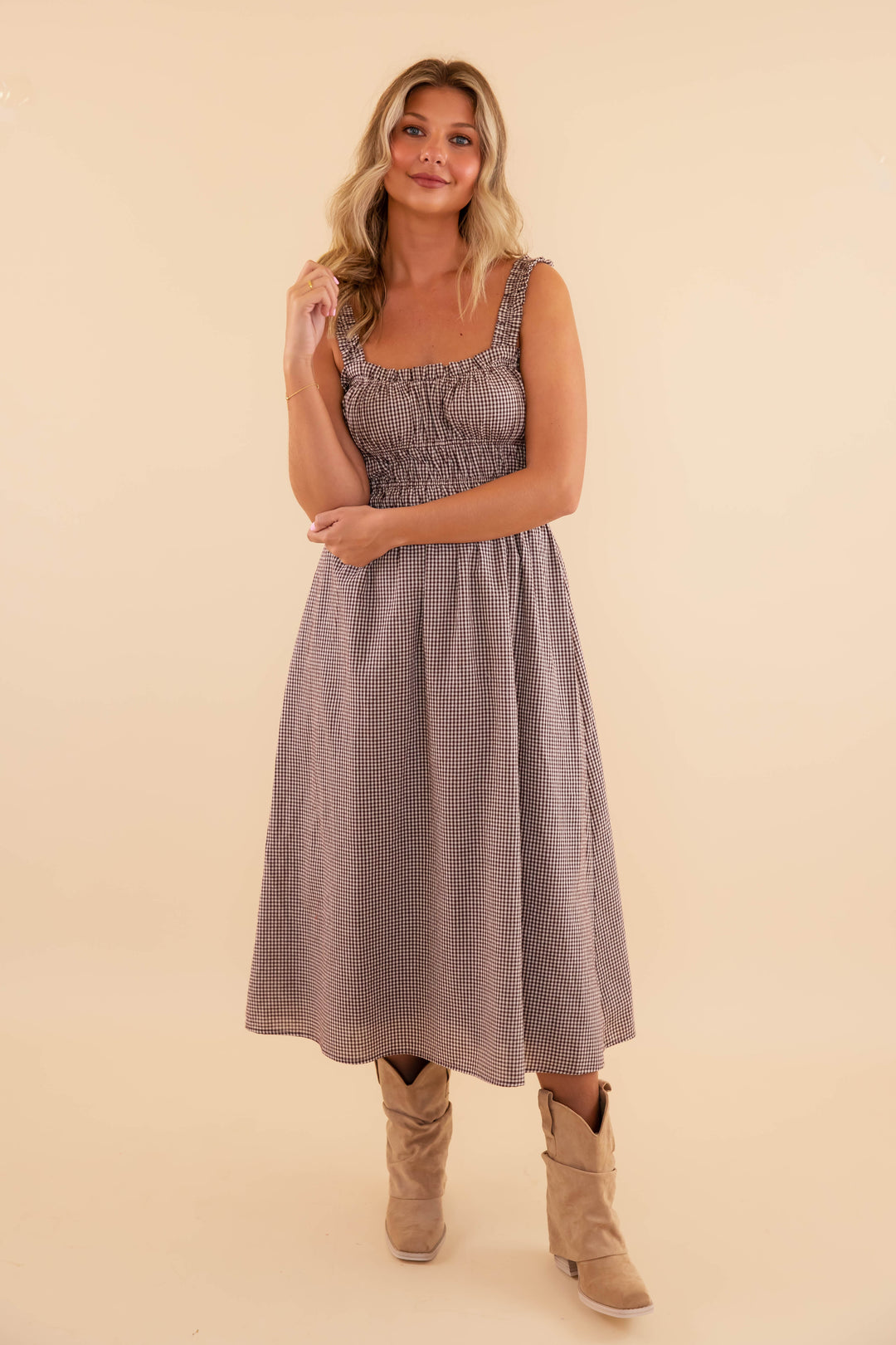 Women's Brown Gingham Midi Dress- Classic Gingham Dress- Needi Brown Gingham Dress Medium
