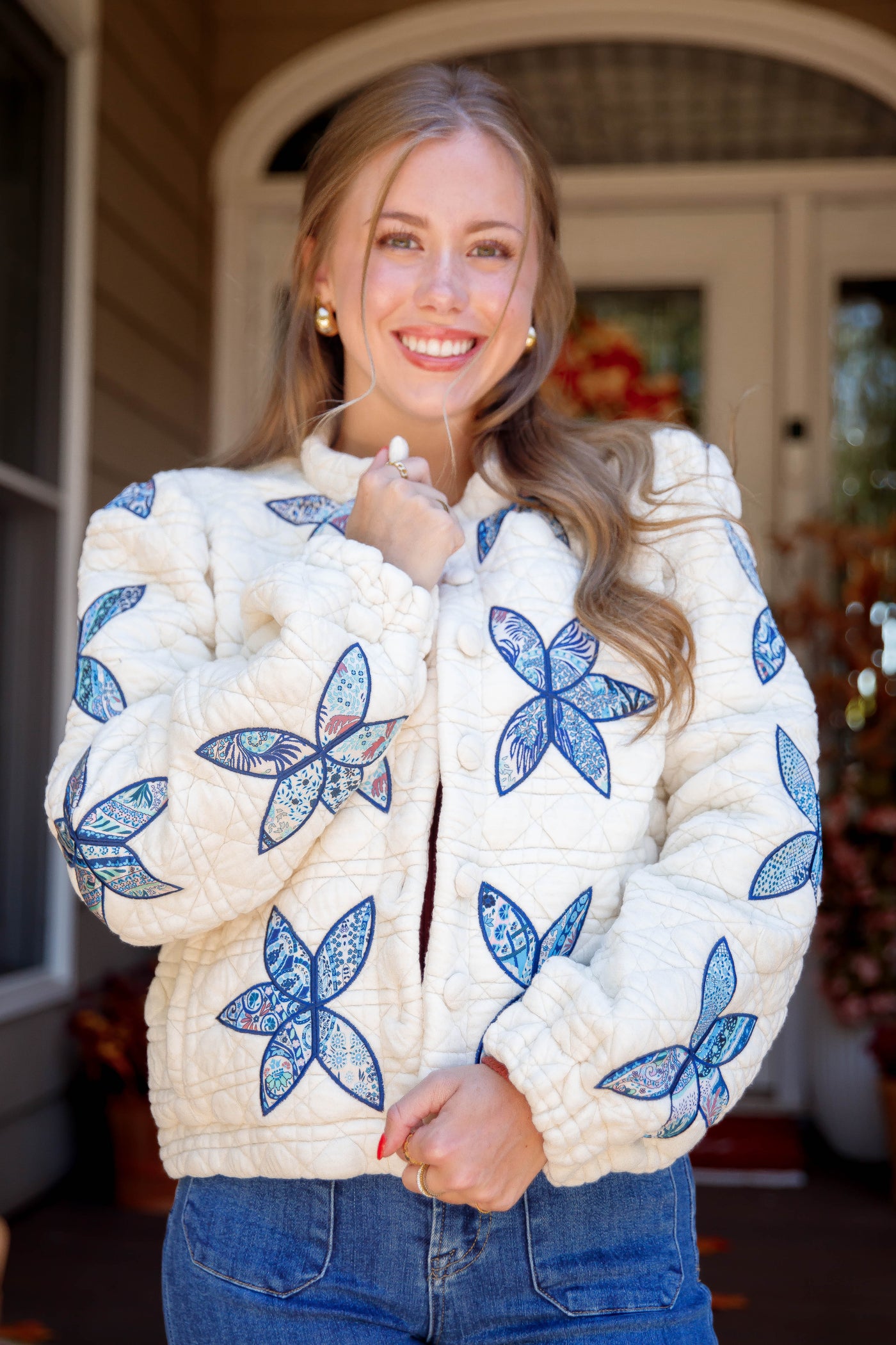 Flower Stitch Quilted Jacket- Women's Patchwork Quilted Jacket- Flower Patch Jacket