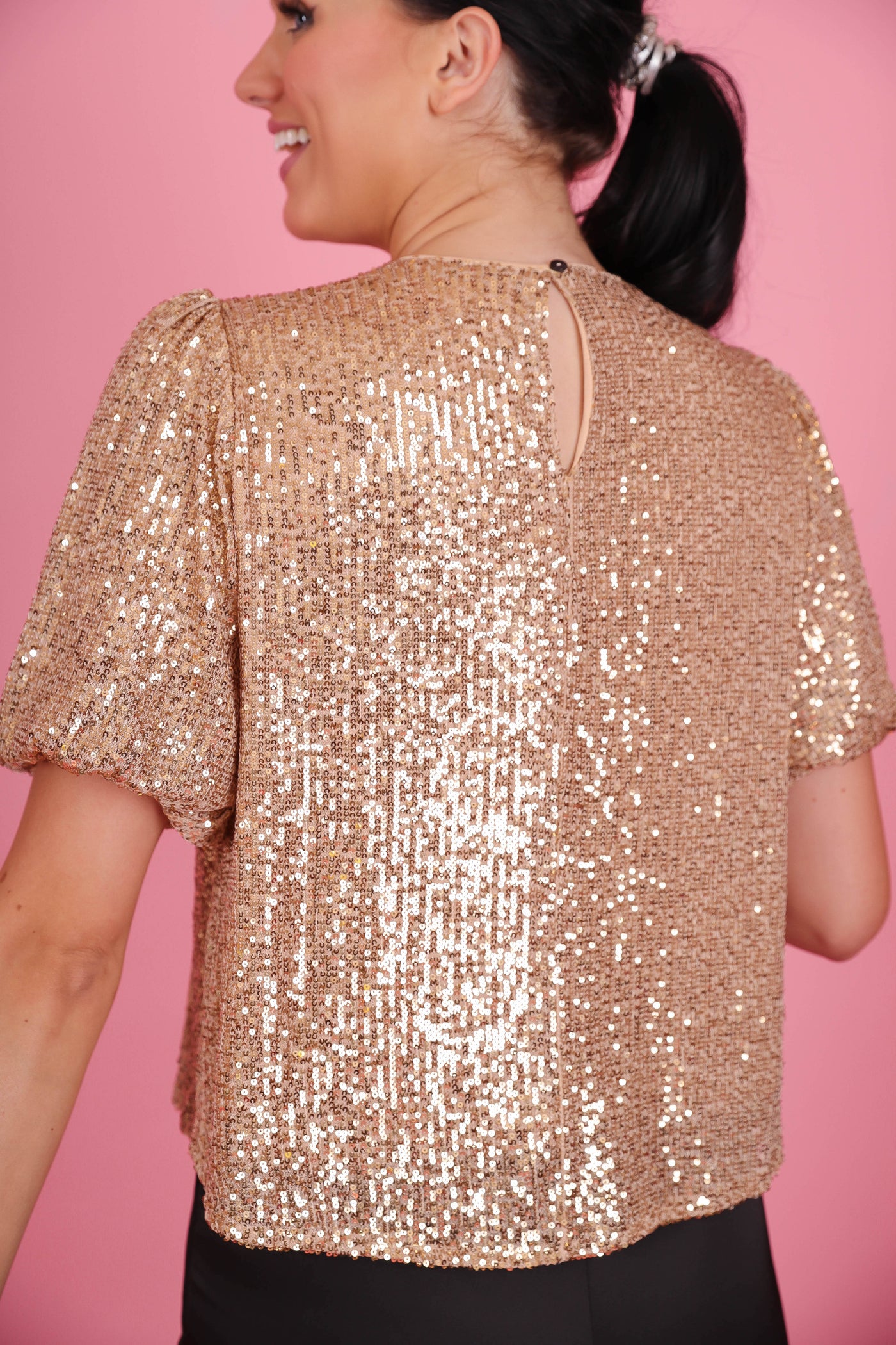 Women's Gold Sequin Blouse- Women's Holiday Tops- She + Sky Sequin Top