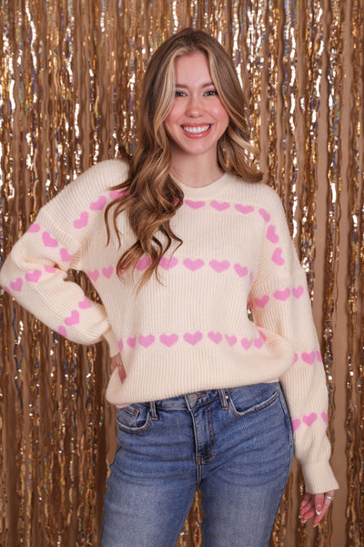 Darling Ivory and Pink Heart Sweater- Women's Sweater With Pink Hearts- &Merci Heart Sweater