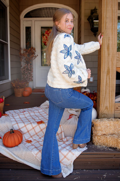 Flower Stitch Quilted Jacket- Women's Patchwork Quilted Jacket- Flower Patch Jacket