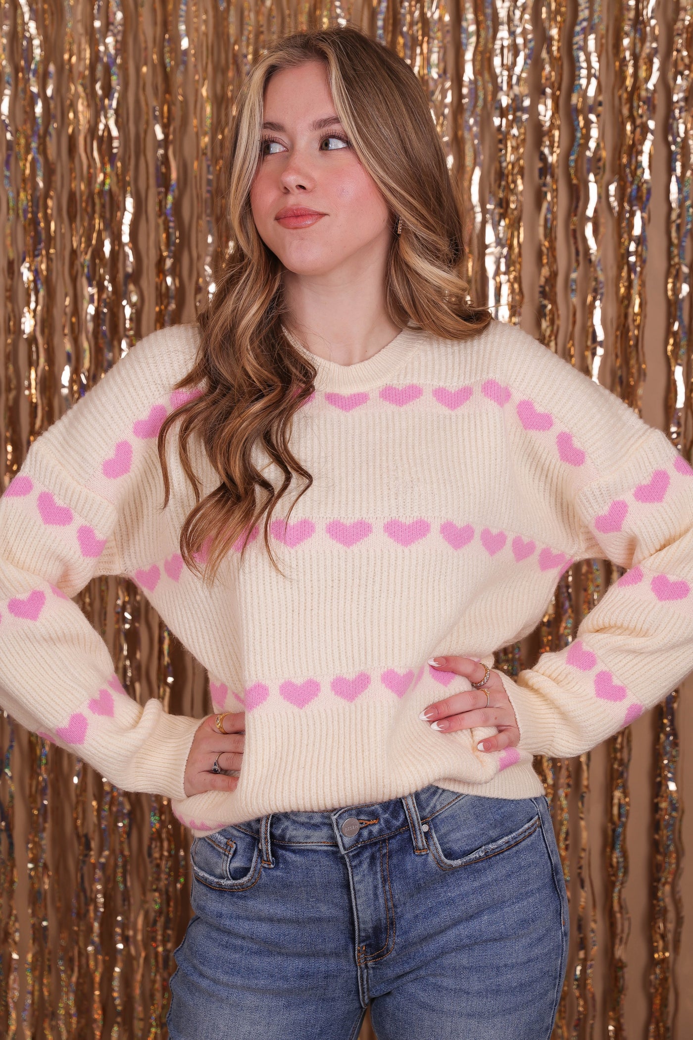 Darling Ivory and Pink Heart Sweater- Women's Sweater With Pink Hearts- &Merci Heart Sweater