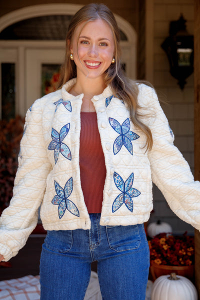 Flower Stitch Quilted Jacket- Women's Patchwork Quilted Jacket- Flower Patch Jacket