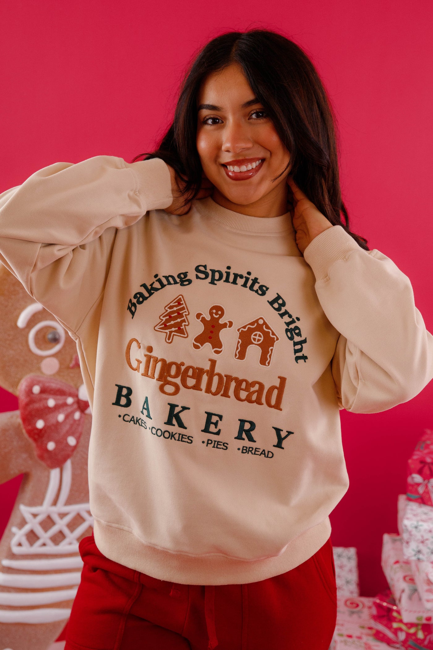 Baking Spirits Bright Gingerbread Sweatshirt- Festive Christmas Baking Sweatshirt- Lelis Gingerbread Embroidered Sweatshirt