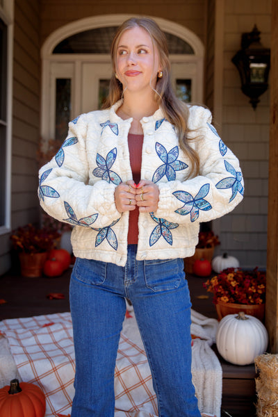 Flower Stitch Quilted Jacket- Women's Patchwork Quilted Jacket- Flower Patch Jacket