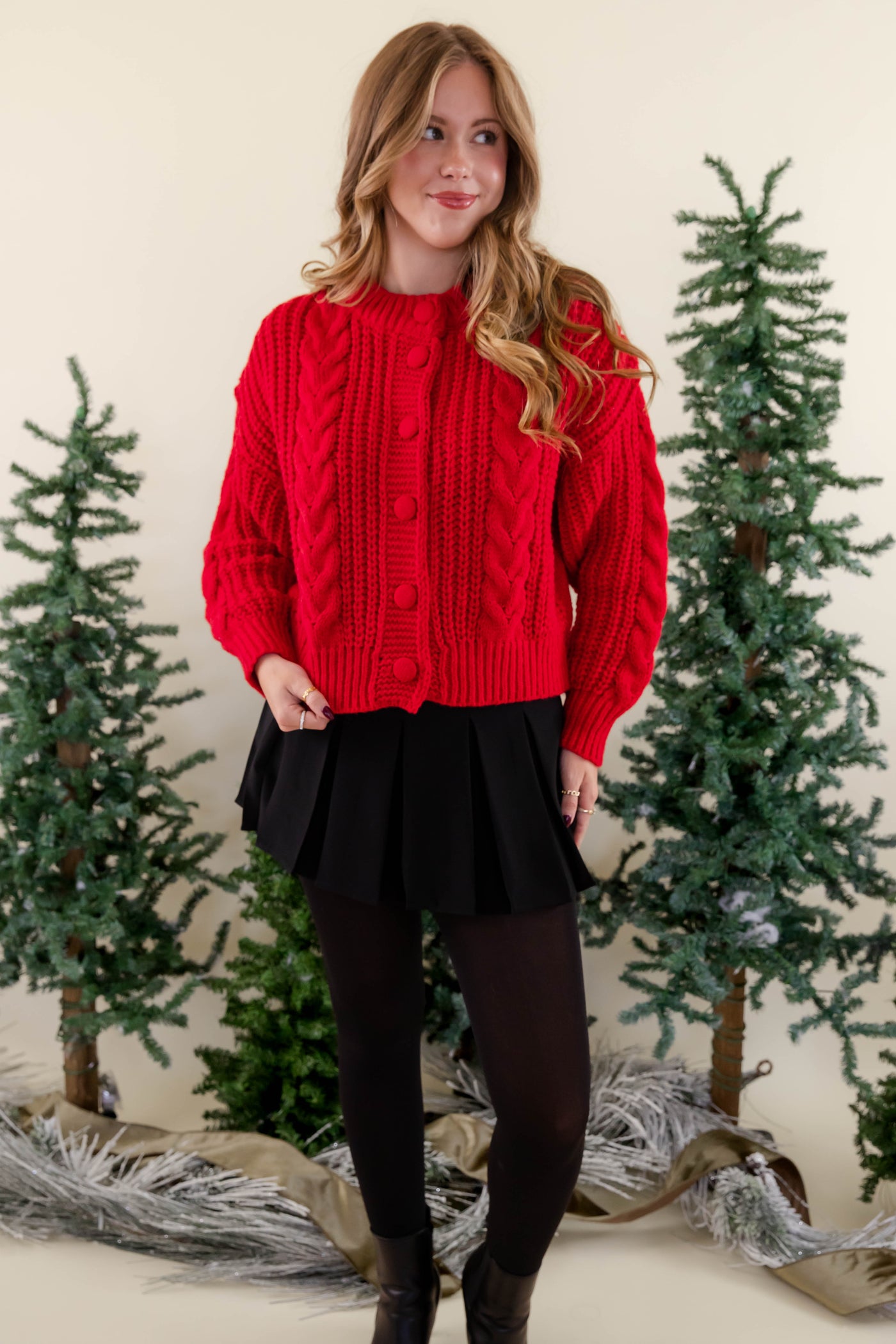 Women's Red Cable Knit Cardigan- Women's Button Down Cardigan- She + Sky Red Cardigan
