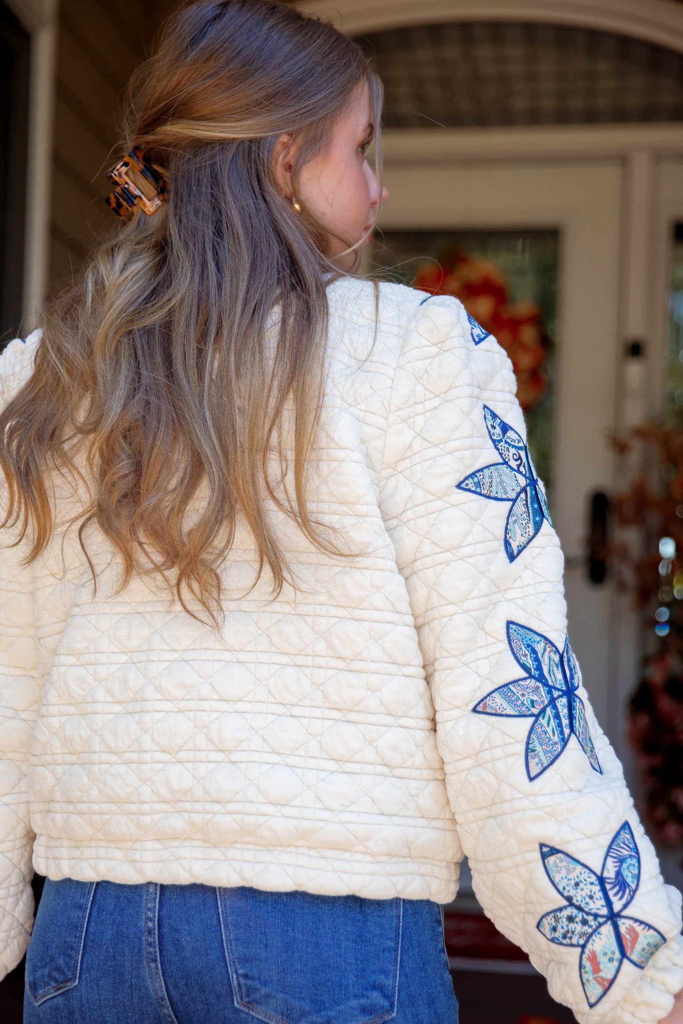  Flower Stitch Quilted Jacket- Women's Patchwork Quilted Jacket- Flower Patch Jacket