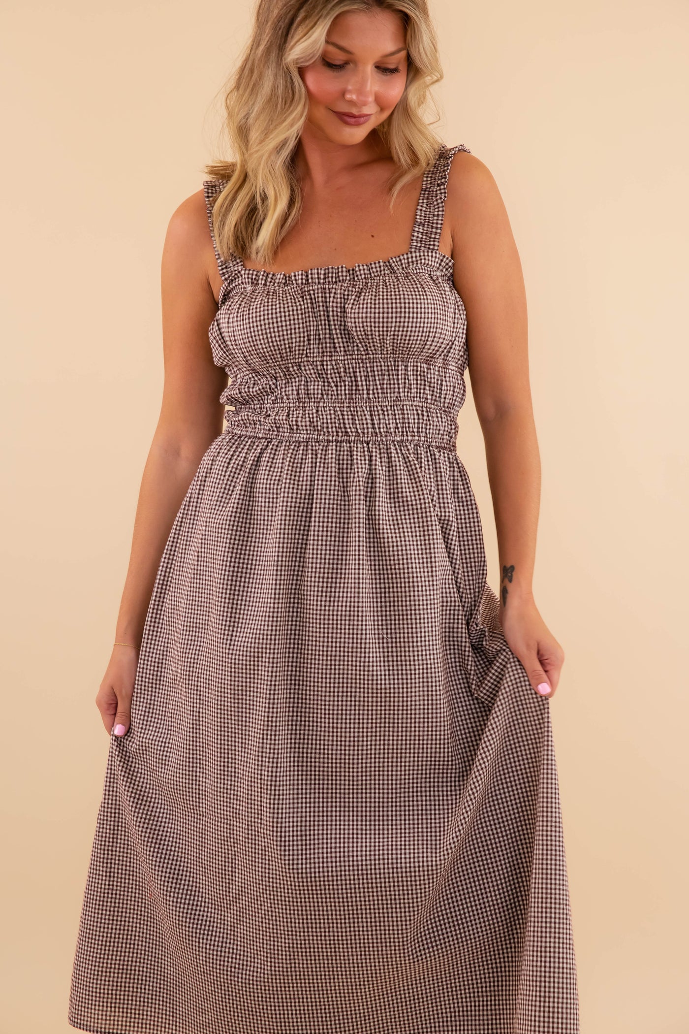 Women's Brown Gingham Midi Dress- Classic Gingham Dress- Needi Brown Gingham Dress