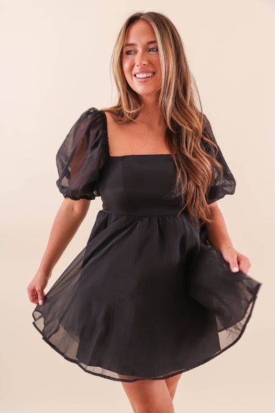 Women's Mini Dress- Black Puff Sleeve Dress- Vintage Shop Dress