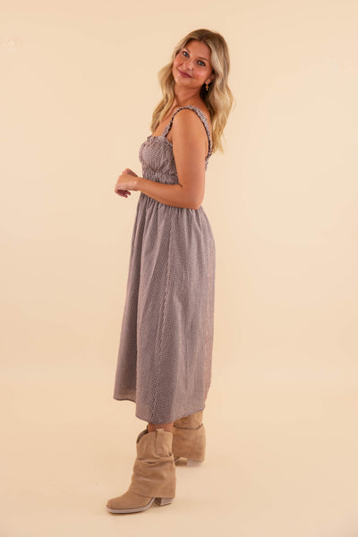 Women's Brown Gingham Midi Dress- Classic Gingham Dress- Needi Brown Gingham Dress