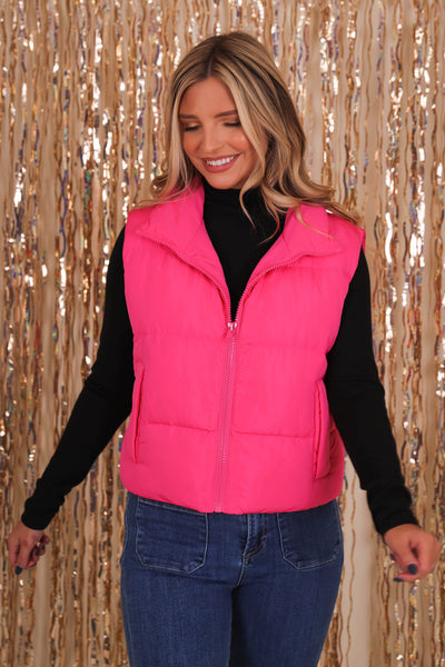 Women's Hot Pink Puffer Vest- Pink Cropped Puffer Vest- Entro Clothing Vest
