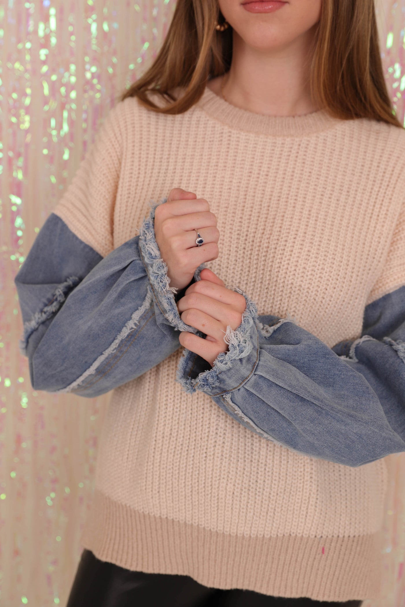 Women's Oversized Knit Sweater- Women's Denim Sleeve Sweater- In The Beginning Sweater