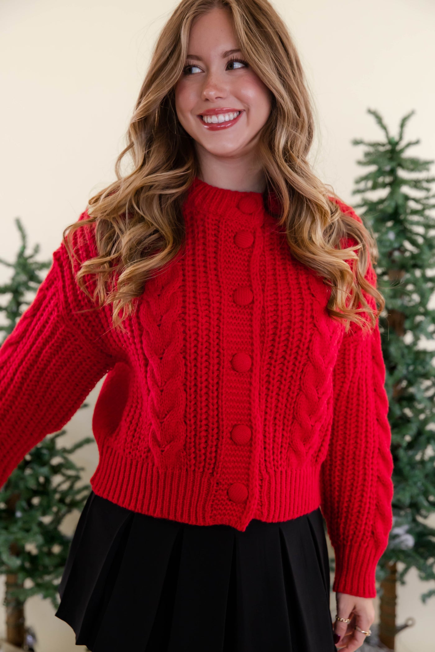 Women's Red Cable Knit Cardigan- Women's Button Down Cardigan- She + Sky Red Cardigan