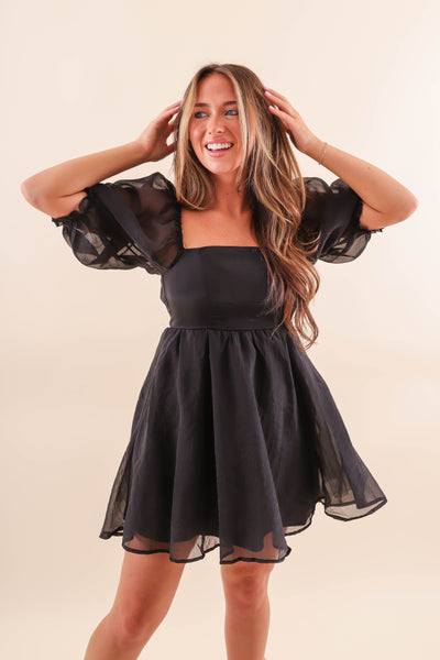Women's Mini Dress- Black Puff Sleeve Dress- Vintage Shop Dress