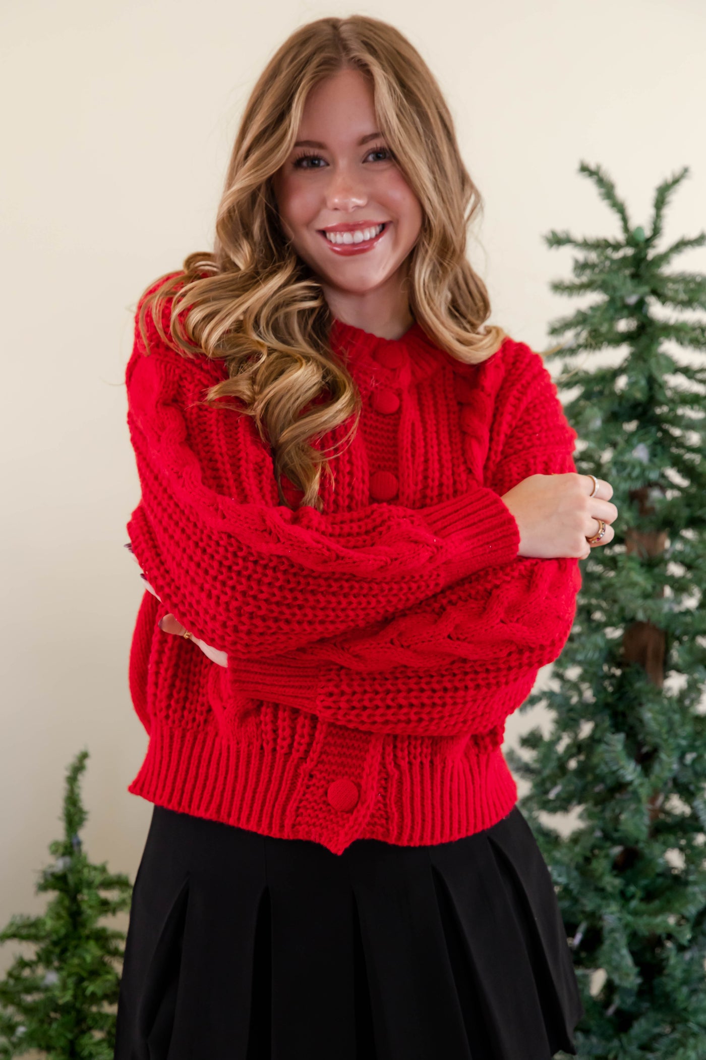 Women's Red Cable Knit Cardigan- Women's Button Down Cardigan- She + Sky Red Cardigan