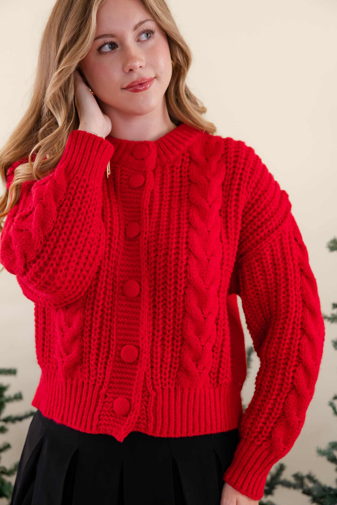 Women's Red Cable Knit Cardigan- Women's Button Down Cardigan- She + Sky Red Cardigan