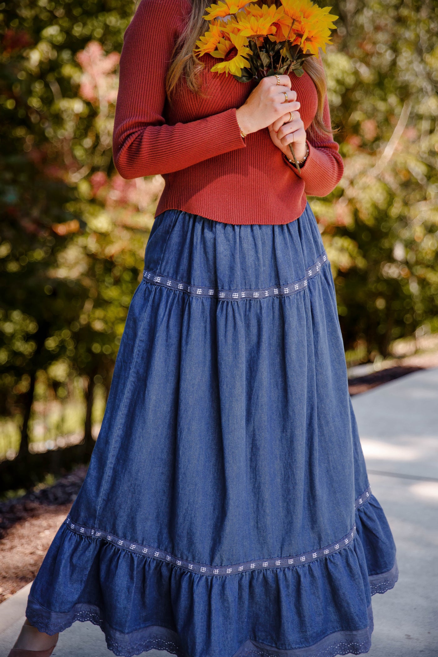 Denim Maxi Skirt- Women's Stylish Denim Maxi Skirt- Creamon Denim Skirt