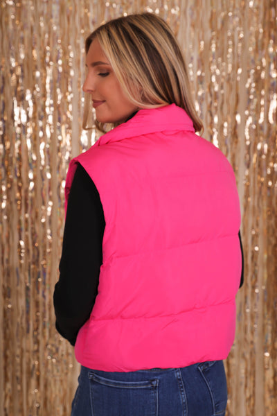 Women's Hot Pink Puffer Vest- Pink Cropped Puffer Vest- Entro Clothing Vest