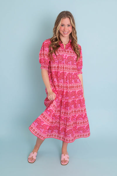 Women's Mixed Animal Print Tunic- Hot Pink Midi Tunic- Umgee Print Midi Dress