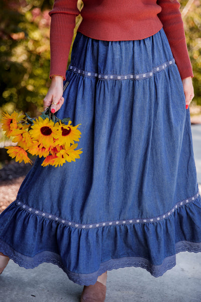 Denim Maxi Skirt- Women's Stylish Denim Maxi Skirt- Creamon Denim Skirt