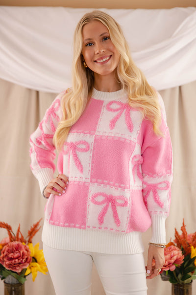 Pink Bow Embroidery Sweater- Women's Ribbon Sweater- Check Print Sweater