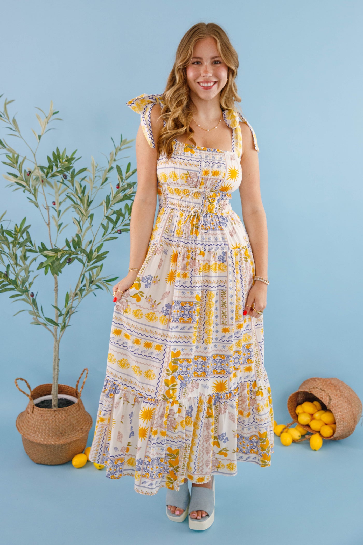 Bila77 Barcelona Dress- Women's Lemon Print Dress- Mediterranean Print Dress 