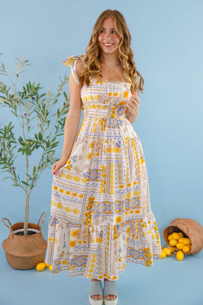 Bila77 Barcelona Dress- Women's Lemon Print Dress- Mediterranean Print Dress 