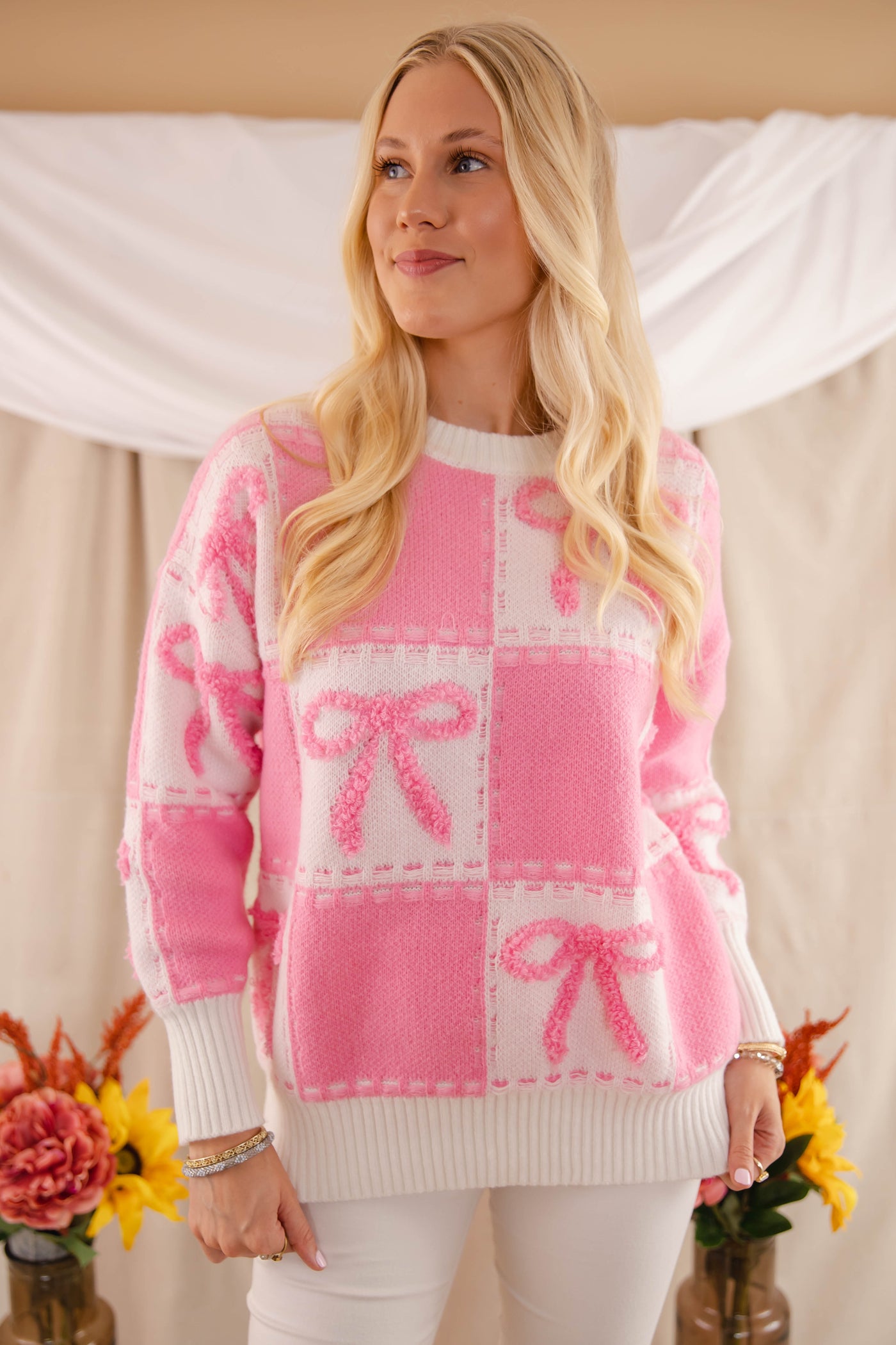 Pink Bow Embroidery Sweater- Women's Ribbon Sweater- Check Print Sweater