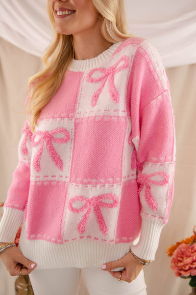 Pink Bow Embroidery Sweater- Women's Ribbon Sweater- Check Print Sweater