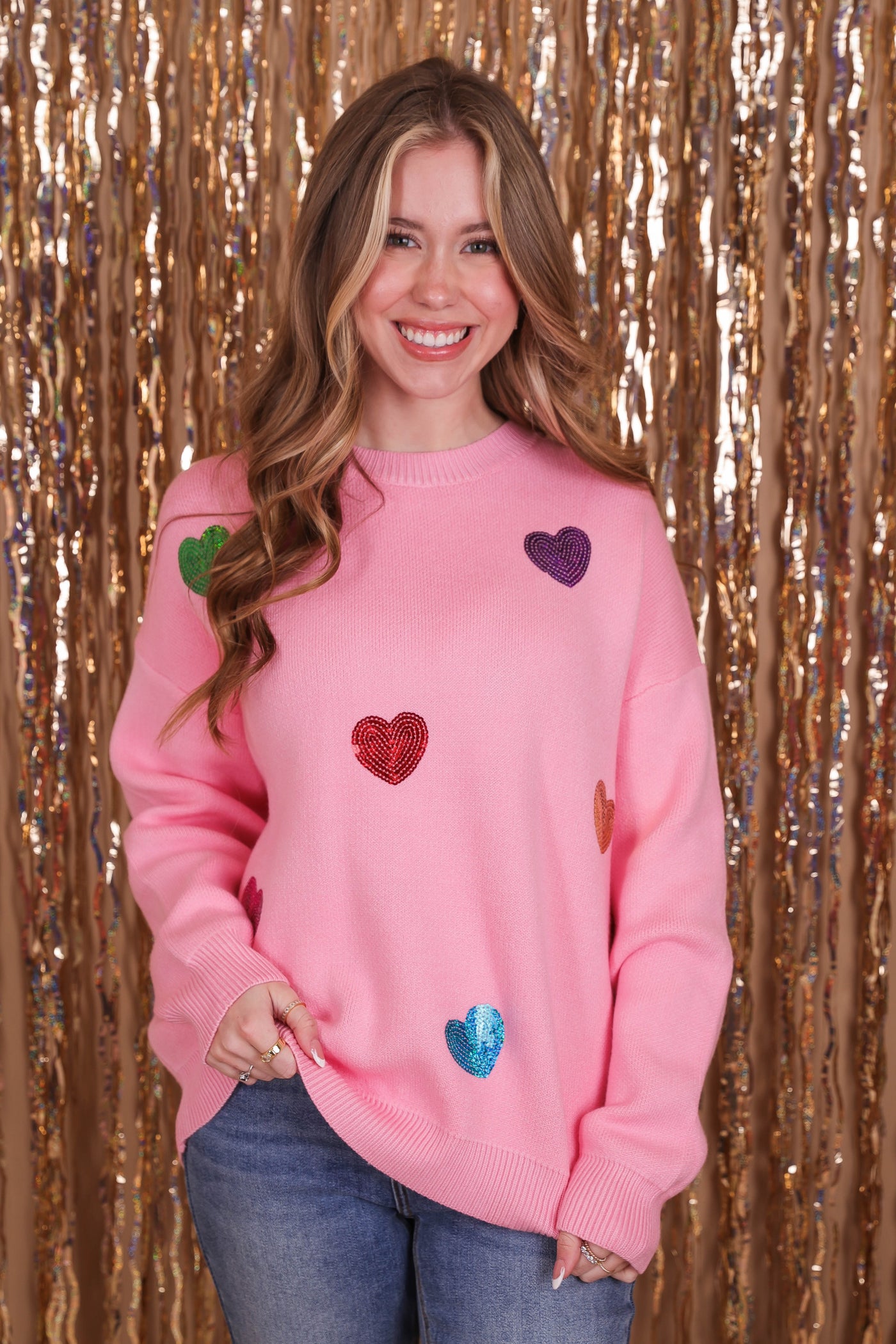 Women's Pink Heart Sequin Sweater- Rainbow Heart Sequin Sweater- Main Strip Sweaters