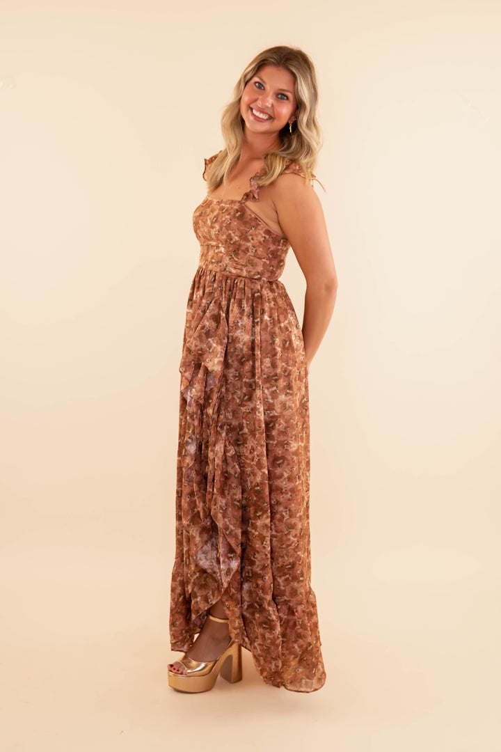 Women's Semi-Formal Dress- Cascading Ruffled Dress- Wedding Guest Dress-  Storia Brown Floral Dress – Juliana's Boutique