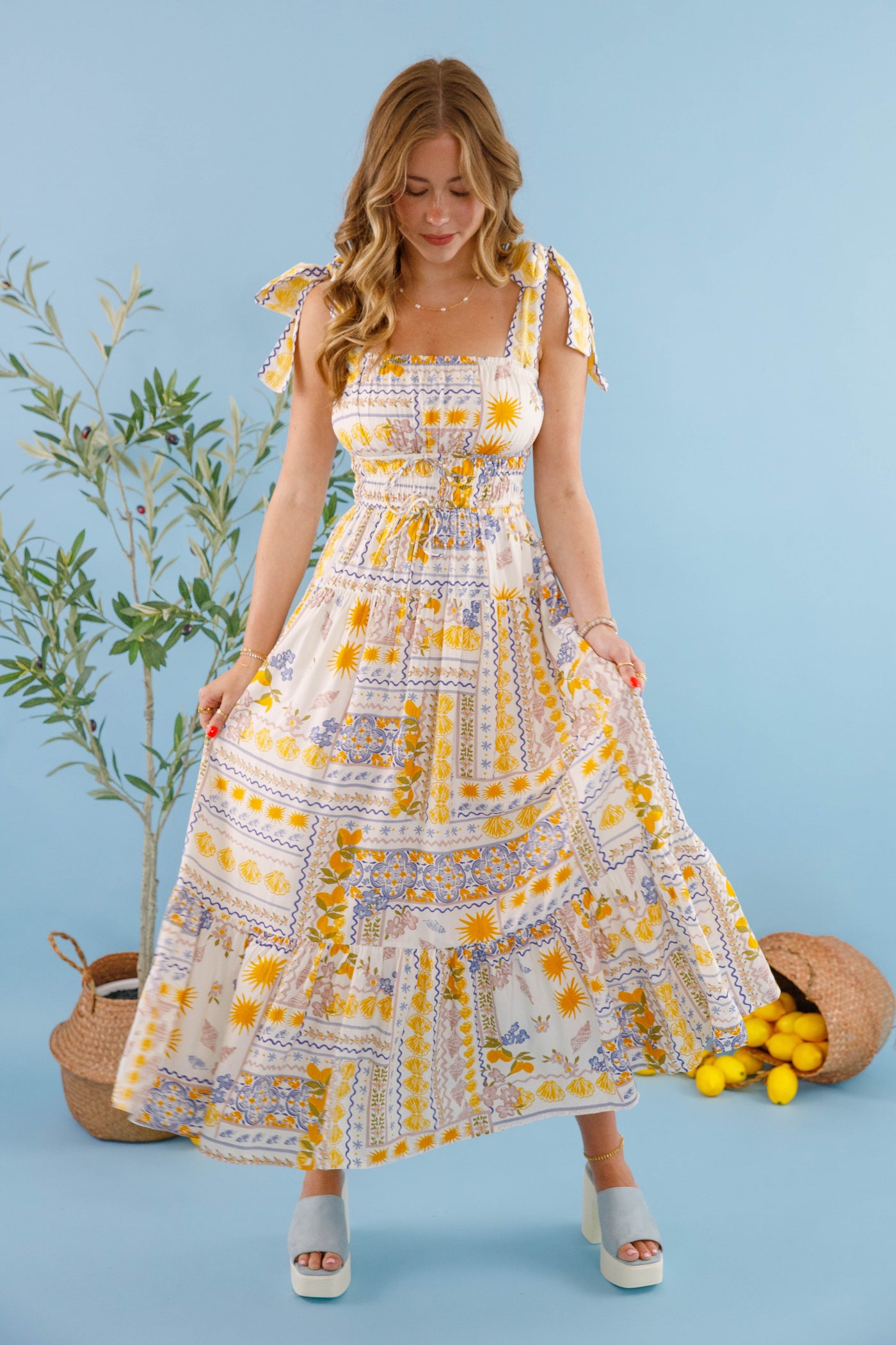 Bila77 Barcelona Dress- Women's Lemon Print Dress- Mediterranean Print Dress 
